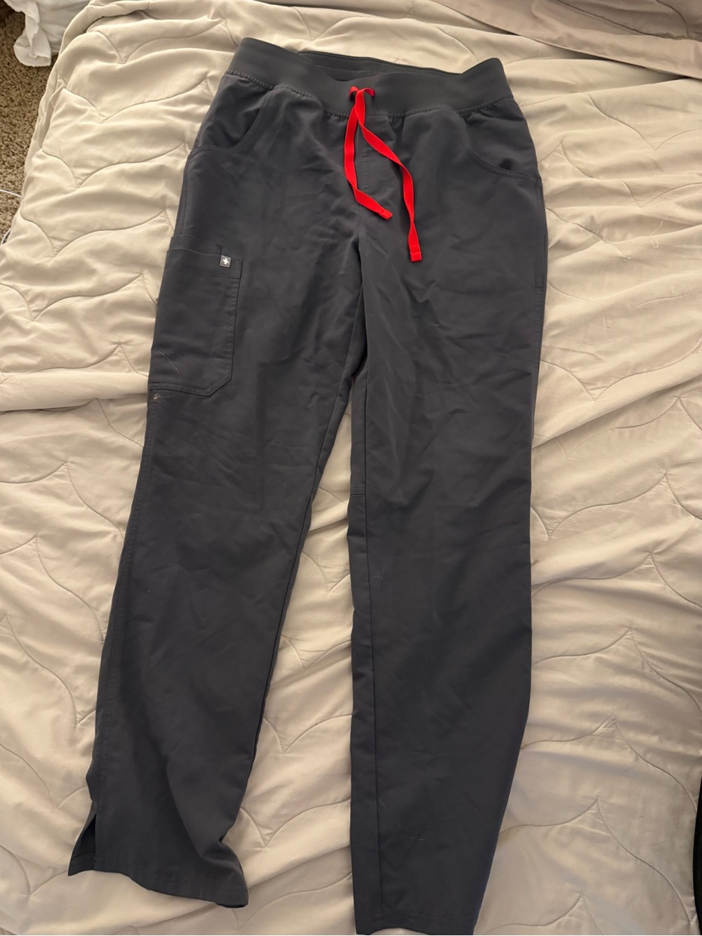 Figs Women's Straight Leg Pants in Charcoal with Red Drawstring